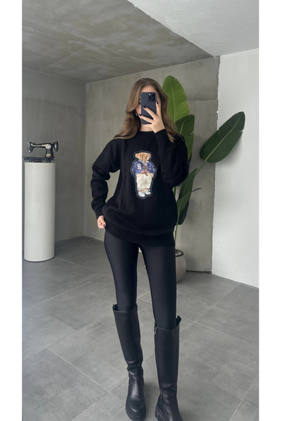 asfamoda Kadın Siyah Bisiklet Yaka Ayıcık İşlemeli Oversize Uzun Triko Kazak ...