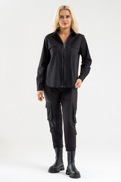 Bold & Young Women's Black Zippered Pocket Shirt Top – Long Sleeve Sporty Stylish Design