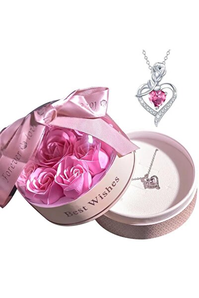 Tessero Set trandafiri roz din sapun si lantisor cu pandantiv in forma de inima cu trandafir, placat cu aur