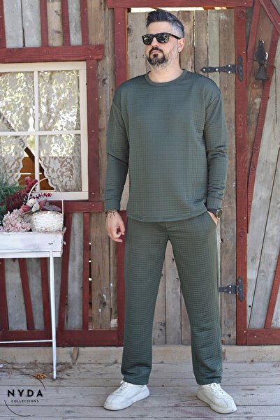 Nyda Collections Men's Quilted Fabric Regular Long Sleeve Sweatshirt with Pockets Elastic Waist Lace-Up Pants Set