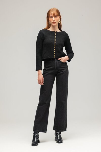 Saade Black Women's Wooden Buttoned Long Sleeve Crew Neck Knitwear Cardigan