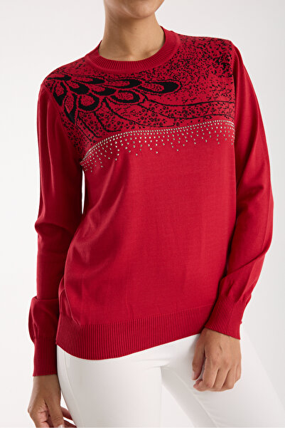 Moda Days Women's Red Elite Viscose Fabric Stone Detailed Crew Neck Knitwear Blouse