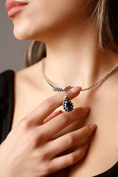 BİJUTERRİ Lacivert Su Yolu Zirkon Taşlı Kolye Gümüş Kaplama Kolye Kadın Düğün Davet Özel Gün Kolyesi