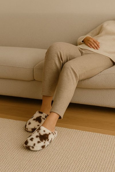BellaPiede Women's Home Slippers – Soft Fur Warm Brown and White Patterned Slippers