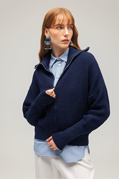 Saade Navy Blue Women's Oversized Long Sleeve Zippered Half Turtleneck Knit Cardigan