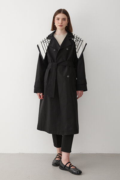 JASTE Kadın Siyah Fular Detaylı Kruvaze Yaka Uzun Astarlı Trençkot