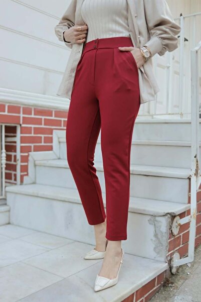 DESTEMODA Women's Carrot Leg Lycra Zara Crepe Trousers Burgundy 2504