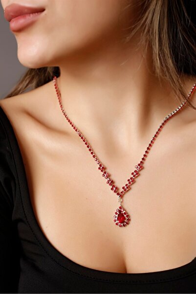 BİJUTERRİ Kırmızı Su Yolu Zirkon Taşlı Kolye Gümüş Kaplama Kolye Kadın Düğün ...