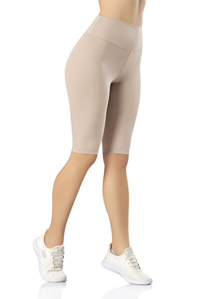 Bonnie Clyde Women's High Waist Above Knee Ribbed Diver Model Leggings Single Beige - Beige - Bcp1.Koh-4P13X1-Bej