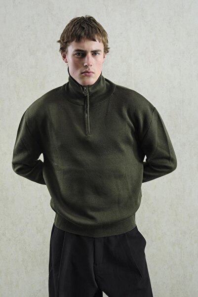 GIESTO Zipped Regular Fit High Neck Khaki Sweater