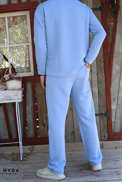 Nyda Collections Men's Quilted Fabric Regular Long Sleeve Sweatshirt with Pockets Elastic Waist Lace-Up Pants Set