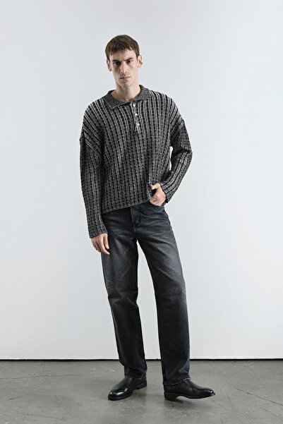 GIESTO سترة سوداء منسوجة بنمط متباين