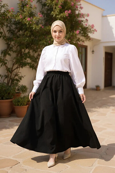 RUKOD Women's Black Double Fabric Elastic Waist Skirt with Pockets