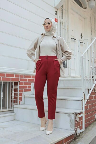 DESTEMODA Women's Carrot Leg Lycra Zara Crepe Trousers Burgundy 2504