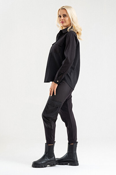 Bold & Young Women's Black Zippered Pocket Shirt Top – Long Sleeve Sporty Stylish Design