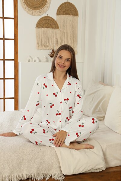 LİLA İÇ GİYİM Σετ πιτζάμες με μακρυμάνικο λευκό κοστούμι με κουμπιά Pegasus και λεπτομέρεια από κεράσι