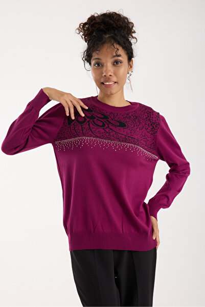 Moda Days Bluză din tricot din țesătură din viscoză Plum Elite pentru femei cu pietre aplicate guler rotund