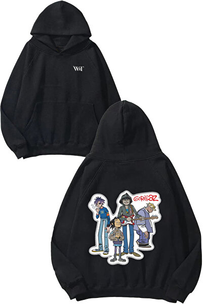 THEWERT Hanorac negru cu glugă cu imprimeu pe spate Gorillaz Self Titled Design