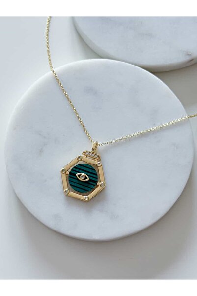 CHARMLUCKY Steel Quadrangle Green Eye Necklace