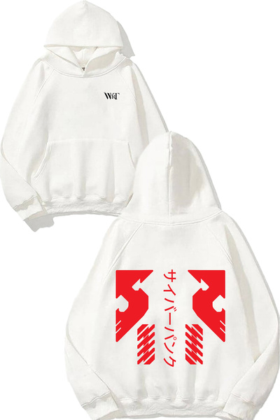 THEWERT Hanorac alb cu glugă cu imprimeu pe spate cu design cyberpunk și japonez