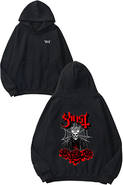 THEWERT Hanorac negru cu glugă cu imprimeu Ghost Band Design