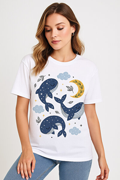 ocke تي شيرت نسائي أبيض كبير الحجم مطبوع عليه نمط الحوت