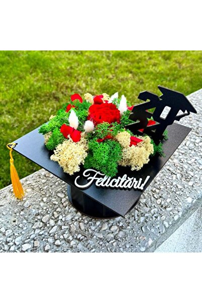 velve Aranjament floral Ceremony, tip toca, cu licheni stabilizati si flori criogenate, Verde/Negru