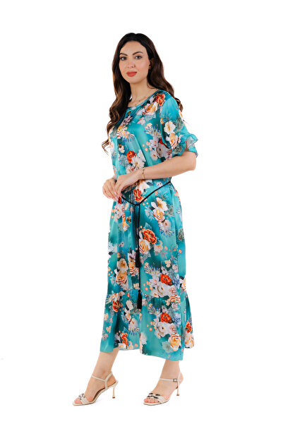 amaan Modern Womens Floral Print Satin Midi Jalabiya Dress, Traditional Arabic Style with Ruffle Sleeves,