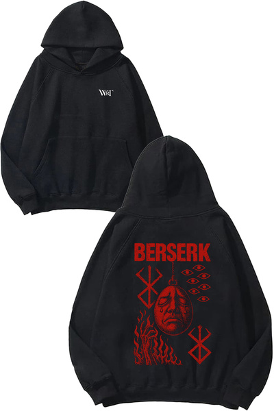 THEWERT Hanorac negru cu glugă cu imprimeu pe spate Berserk Eye Tear Design