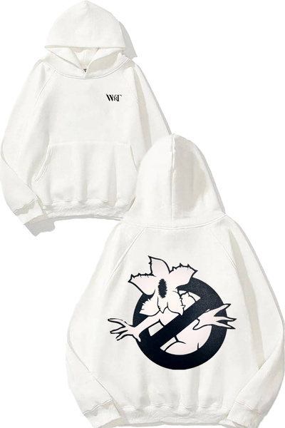 THEWERT Hanorac alb cu glugă cu imprimeu pe spate Stranger Things 5 Design