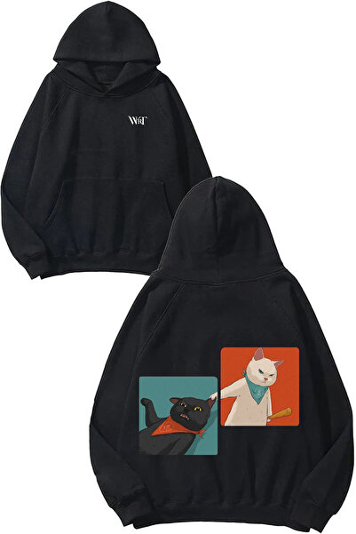 THEWERT Hanorac negru cu glugă cu imprimeu pe spate cu design de pisică alb-n...