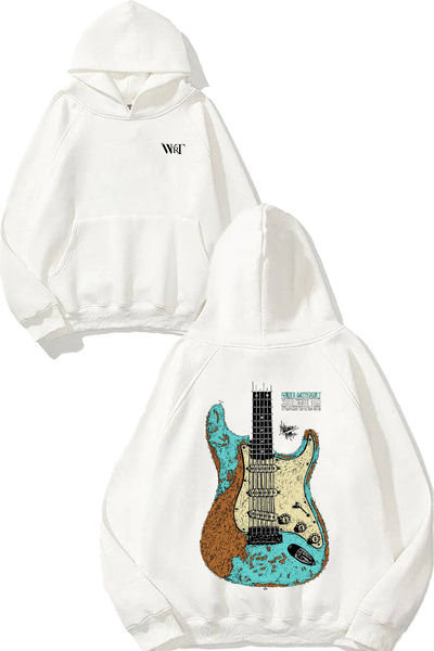 THEWERT Hanorac alb cu glugă cu imprimeu pe spate cu design de chitară albastră