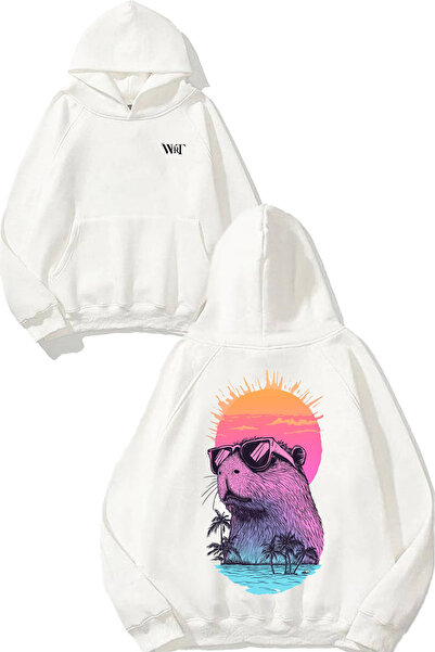 THEWERT Hanorac alb cu glugă cu imprimeu pe spate cu design colorat Capybara