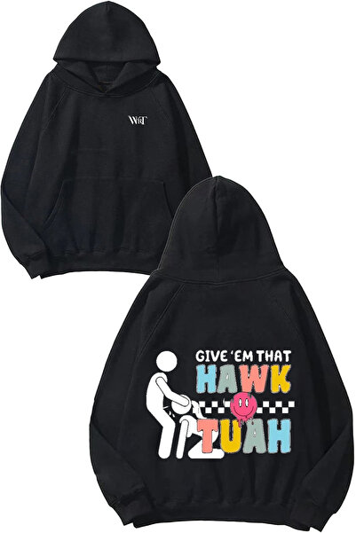THEWERT Hanorac negru cu glugă cu imprimeu pe spate Give Em That Hawk Tuah Design