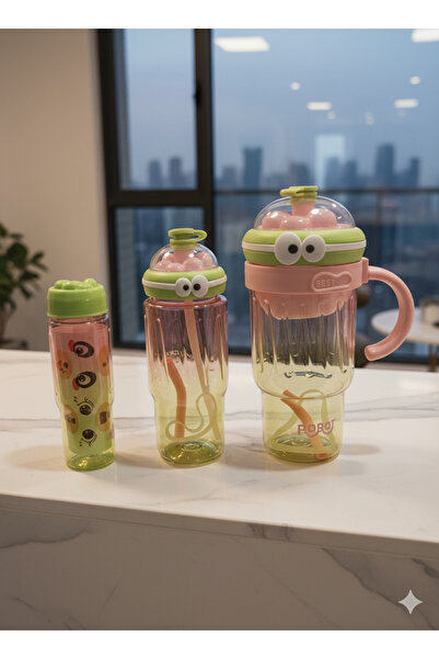 Elit 3'lü Motivasyonel Matara Seti - Günlük Spor Kamp Su Matarası Pipetli Suluk Su Şişesi