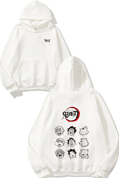 THEWERT Hanorac alb cu glugă cu imprimeu pe spate Demon Slayer Faces Design