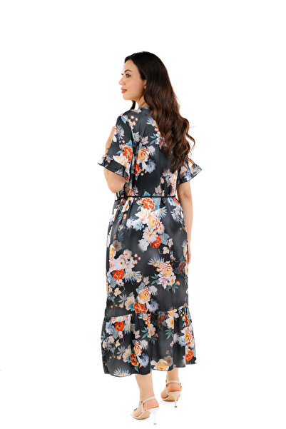 amaan Modern Womens Floral Print Satin Midi Jalabiya Dress, Traditional Arabic Style with Ruffle Sleeves,