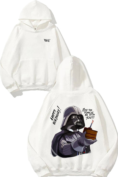 THEWERT Hanorac alb cu glugă cu imprimeu pe spate, cu design Happy Birthday Darth Vader