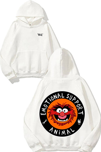 THEWERT Hanorac alb cu glugă cu imprimeu pe spate Emotional Support 2 Design