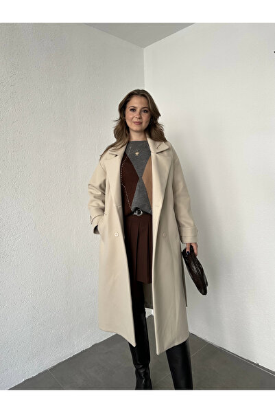 asfamoda Γυναικείο Κρεμ Παλτό Μακρύ Καστανό Παλτό Πολυτελείας Ποιότητας με Ζώνη Ολόσωμο