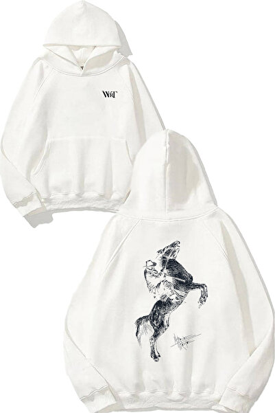 THEWERT سويت شيرت أبيض بقلنسوة مطبوع عليه تصميم رعاة البقر والخيول