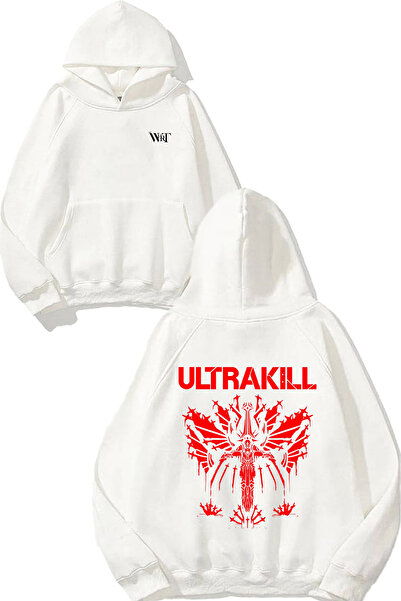 THEWERT Hanorac alb cu glugă cu imprimeu pe spate Ultrakill 4 Design