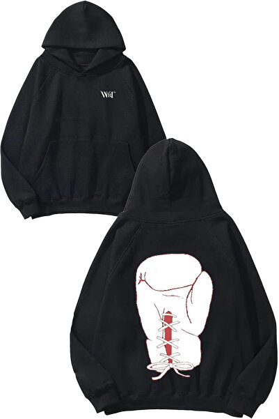 THEWERT Hanorac negru cu glugă cu design cu mănuși de box cu șnur