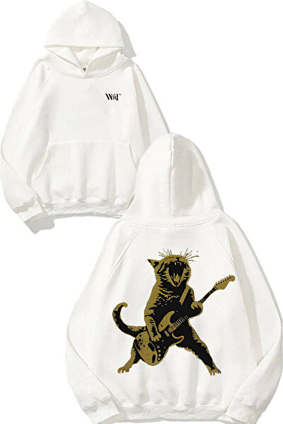 THEWERT سويت شيرت أبيض بغطاء للرأس مطبوع عليه تصميم قطة صفراء معدنية