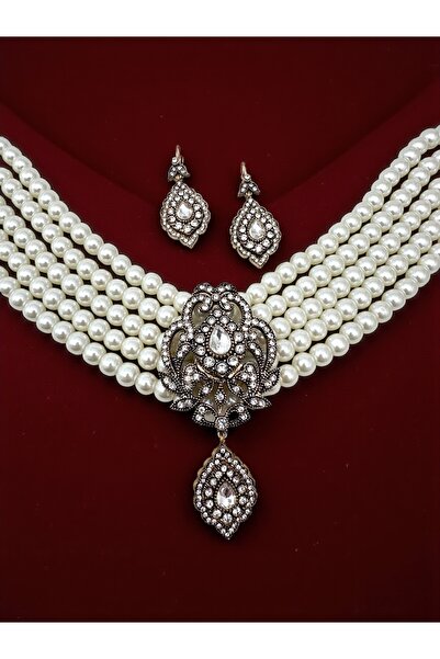 FUYA JEWELLERY Damla Sallantılı Elmas Montür İnci Tasma Kolye, Küpe Set