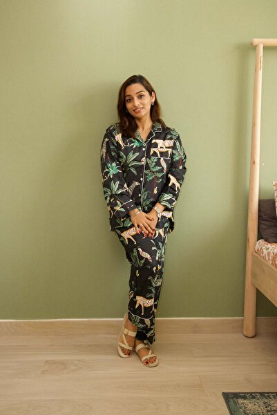 Ruh Collections Black Animal Print Cotton Pajama Set