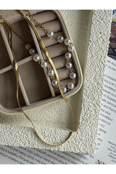 Rossetto Atelier 316 L Paslanmaz Çelik İncili,İtalyan Zincirli 2’li Kolye