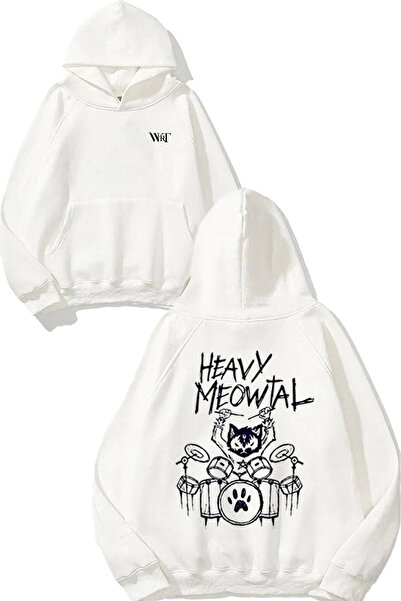 THEWERT Φούτερ με κουκούλα με στάμπα στην πλάτη σε λευκό χρώμα, σχέδιο Heavy Meowtal