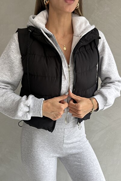 Ulino Vestă crop cu guler înalt și buzunar ascuns cu fermoar