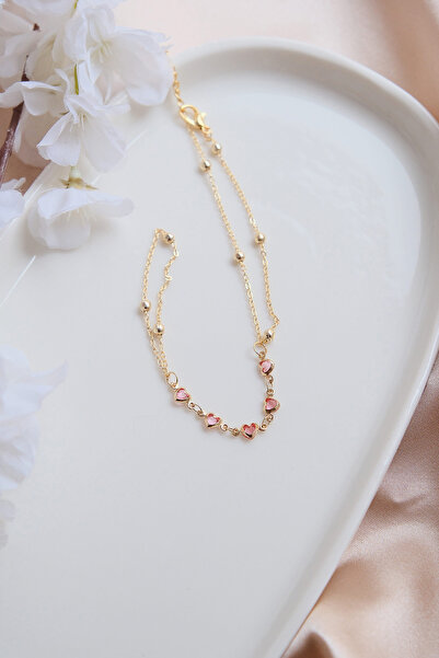AURRARİ Gold Zirkon Pembe Kalp Sıralı Taşlı Şahmeran